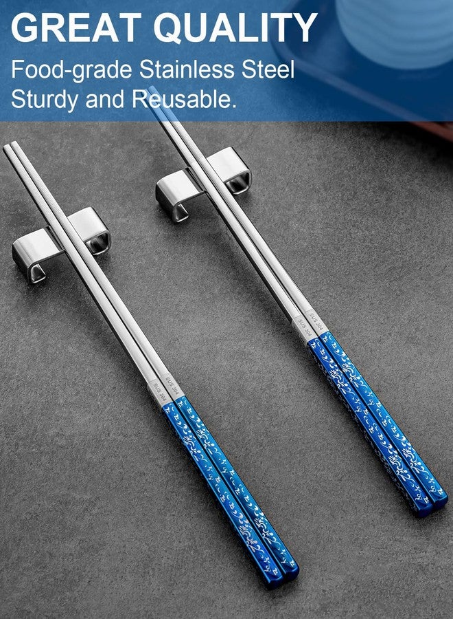 FOFAYU Metal Chopsticks Reusable 2 Pairs Titanium Plated Stainless Steel Chopsticks with Holder, Dishwasher Safe Non-Slip Japanese Style Chop Sticks Present Set (Blue Silver) - Image 3