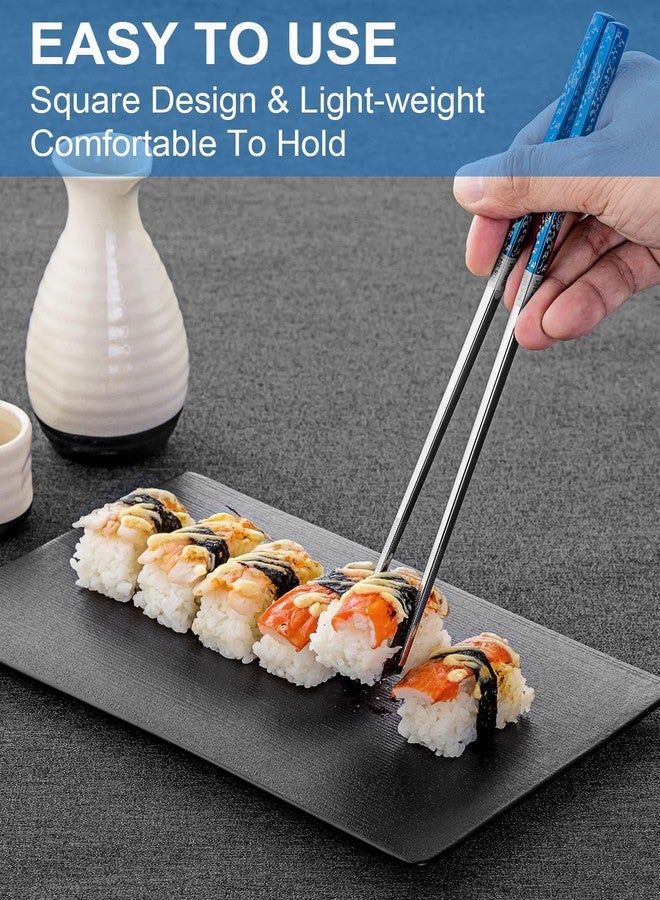 FOFAYU Metal Chopsticks Reusable 2 Pairs Titanium Plated Stainless Steel Chopsticks with Holder, Dishwasher Safe Non-Slip Japanese Style Chop Sticks Present Set (Blue Silver) - Image 5