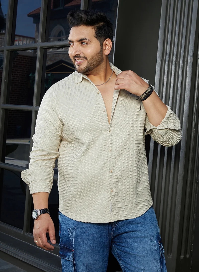 Instafab Plus Instafab Plus Men's Lime Grey Shard-Tactile Shirt For Casual Wear | Spread Collar | Long Cuffed Sleeves | Button Closure | Plus Size Shirt Crafted With Comfort Fit For Everyday Wear