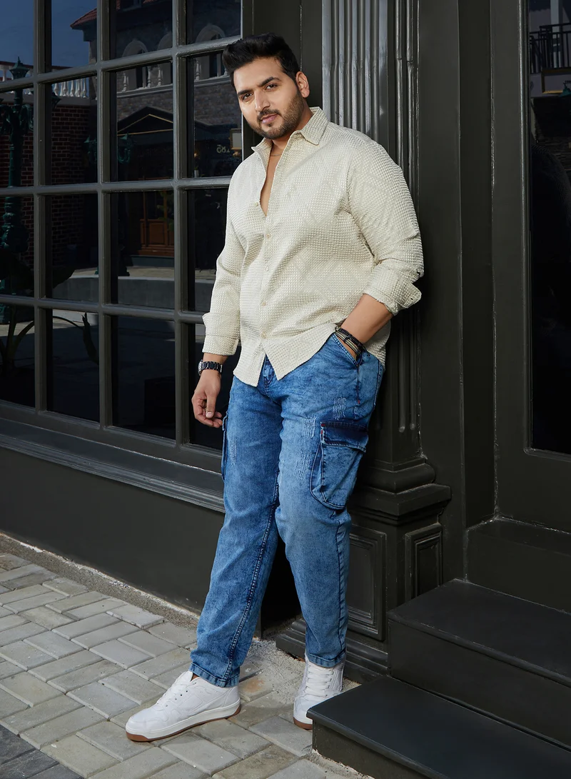 Instafab Plus Instafab Plus Men's Lime Grey Shard-Tactile Shirt For Casual Wear | Spread Collar | Long Cuffed Sleeves | Button Closure | Plus Size Shirt Crafted With Comfort Fit For Everyday Wear