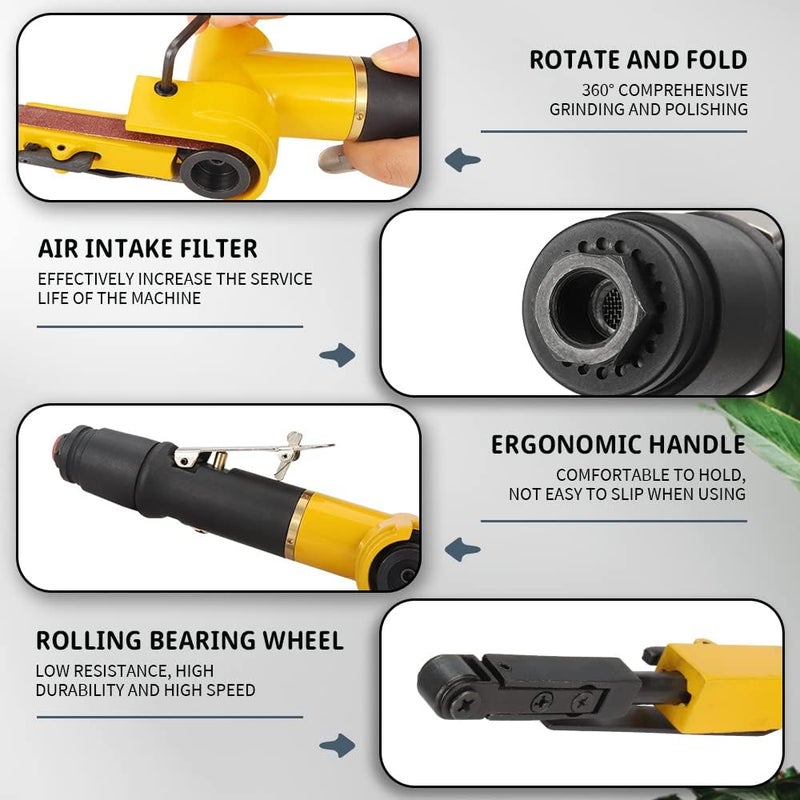 SI FANG 3/8''x 13'' Mini Air Belt Sander with 2 Sanding Belts (10mmx330mm) Pneumatic Tool Grinder Belt Sanders for Metal Working, Weld Removal, Blending, Contour Sanding, Finishing - Image 5