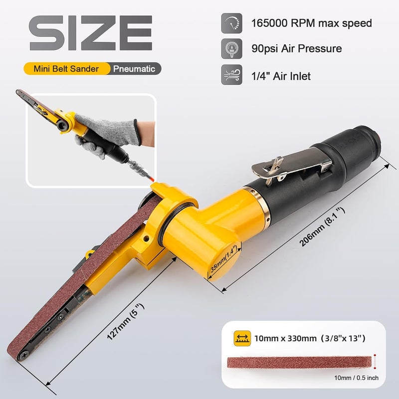 SI FANG 3/8''x 13'' Mini Air Belt Sander with 2 Sanding Belts (10mmx330mm) Pneumatic Tool Grinder Belt Sanders for Metal Working, Weld Removal, Blending, Contour Sanding, Finishing - Image 2