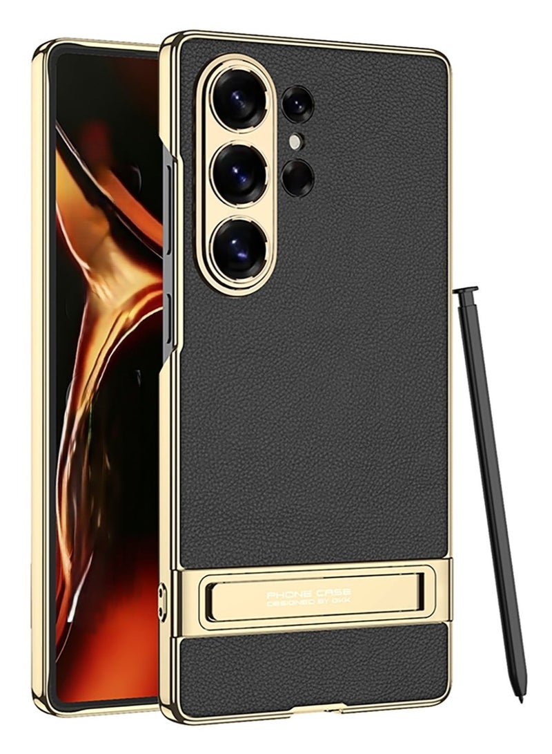 جراب S26 Ultra - غطاء من الجلد الفاخر لهاتف Samsung S26 Ultra مع مسند قابل للتعديل - جلد أسود - Image 1