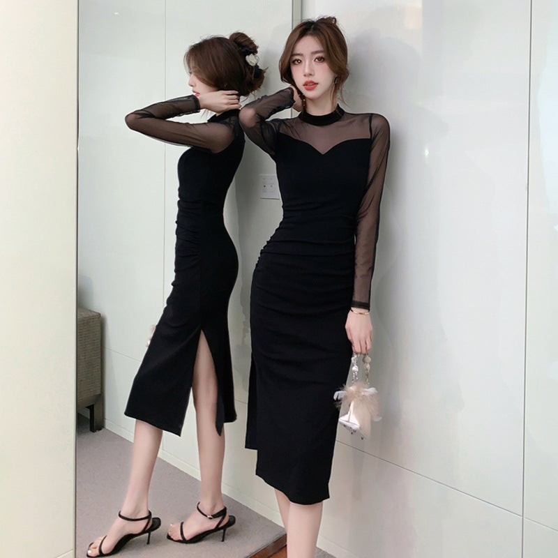 WDS2972 European and American 2023 autumn cross-border foreign trade wholesale sexy long sleeve perspective split pleated bag hip dress Black