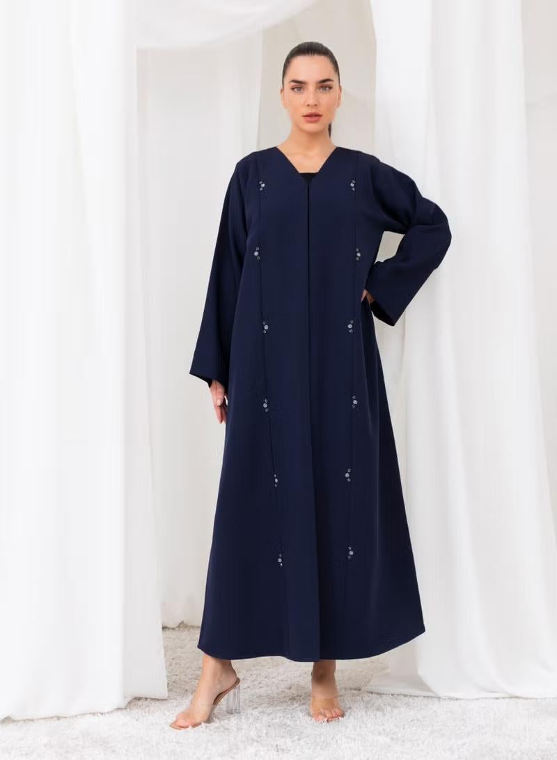 Nikias Abaya Navy Blue Crepe Abaya With Beads Work - Image 1