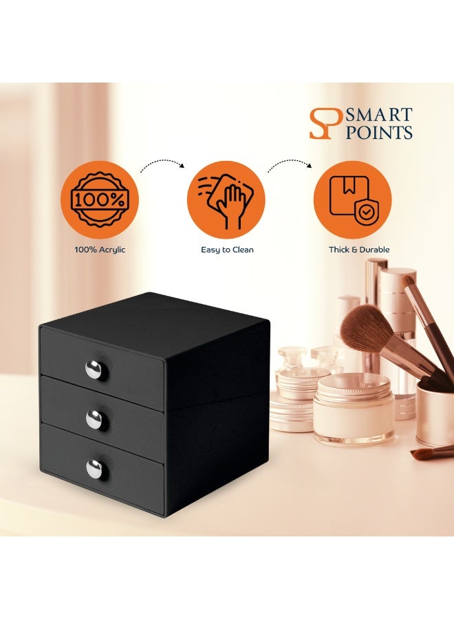 "سمارت بوينتس  " منظم أدراج أكريليك بثلاثة أدراج – صندوق تخزين مكياج أسود – خالٍ من BPA، قابل للتكديس للاستخدام على المكتب – ‎16.5 × 16.5 × 16.5 سم‎ - Image 3