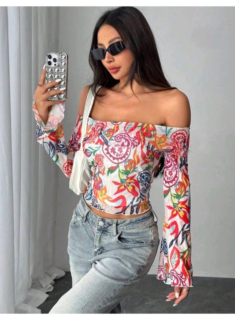 SHEIN Women Casual Off Shoulder Printed Mesh Long Sleeve Crop Top - Image 2