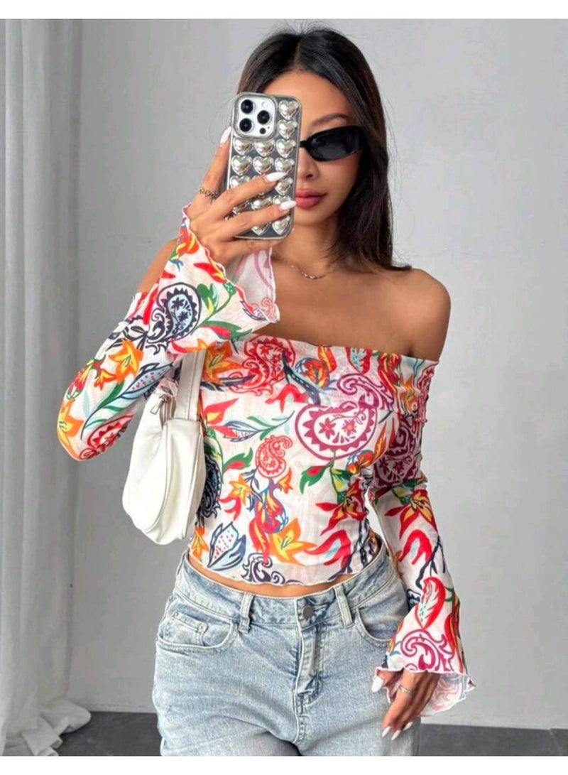 SHEIN Women Casual Off Shoulder Printed Mesh Long Sleeve Crop Top - Image 4