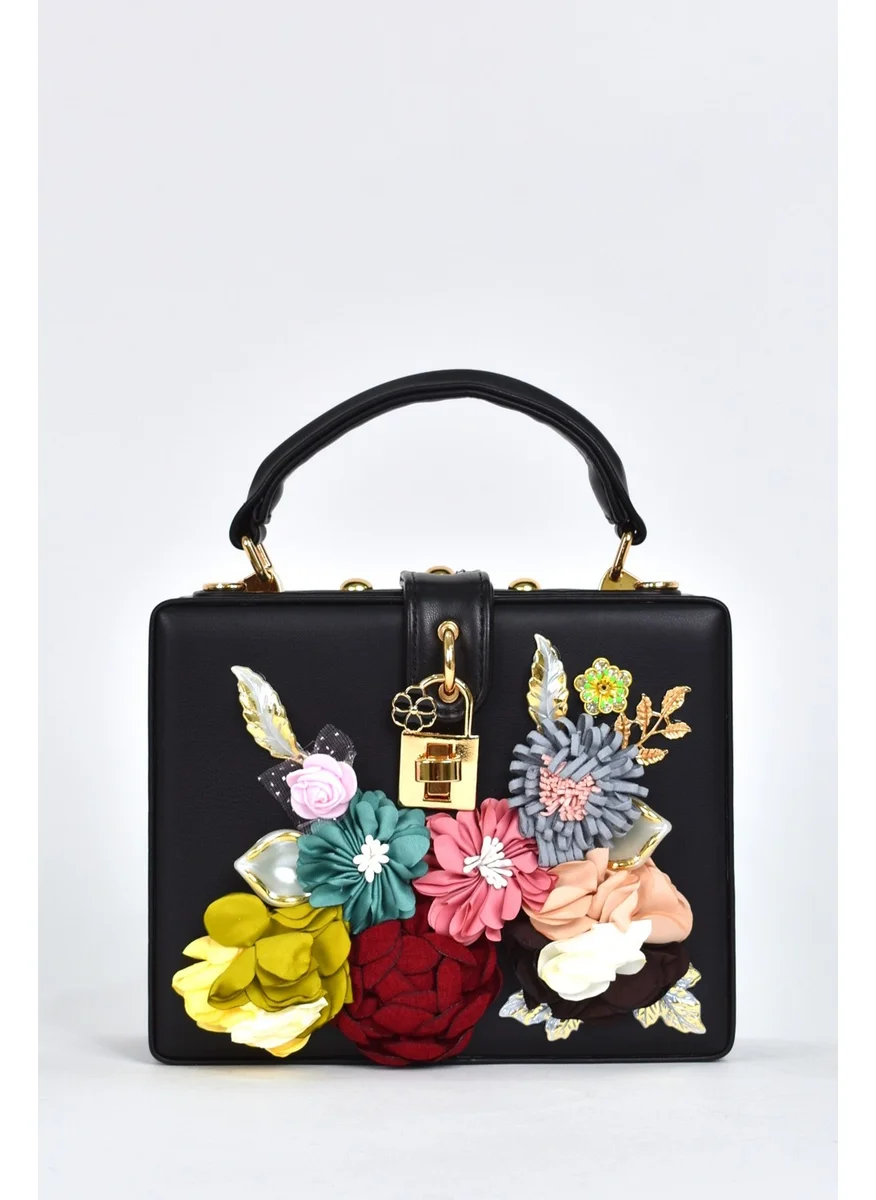 Elatae Women's Shoulder Strap Floral Stone Evening Dress Daily Hand Bag Black 17613