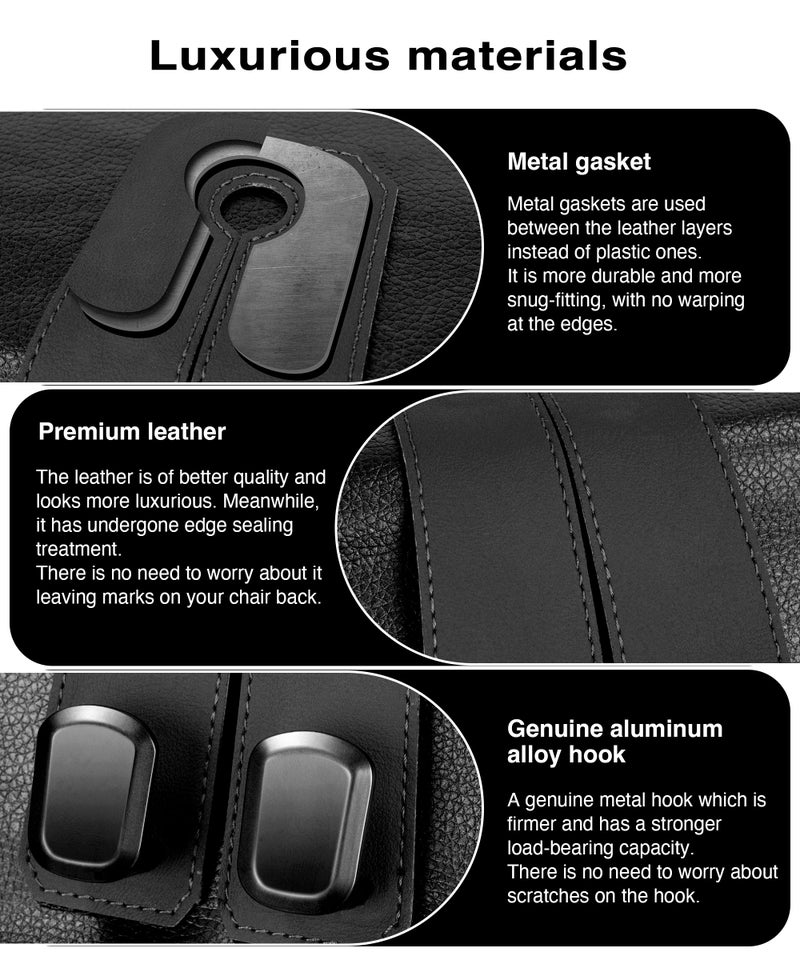 VETERBONE Car Hooks for Headrest, 4PCS Car Purse Hooks Luxurious Leather 100% Metal Car Hangers for Seat Multifunctional Car Bag Hook Car Seat Back Storage Hook Accessories (Black) - Image 2