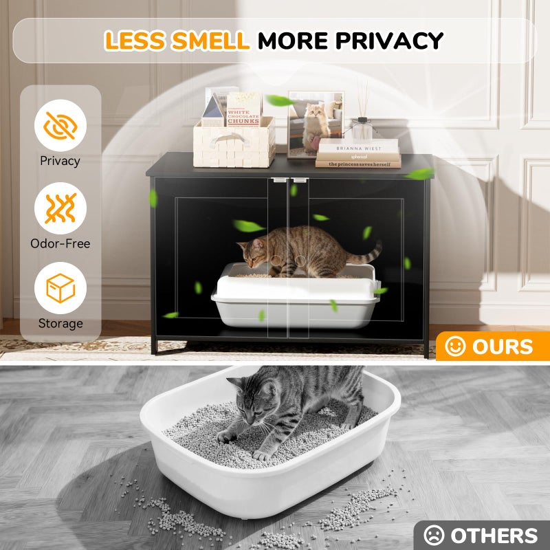 Fecuria Cat Litter Box Enclosure Furniture Dog Proof, Hidden Kitty Washroom Cabinet Low Entry, Wooden Cat Boxes Enclosure Odor Control for Home, Farmhouse Style Decorative TV Stand with Storage, Black - Image 3