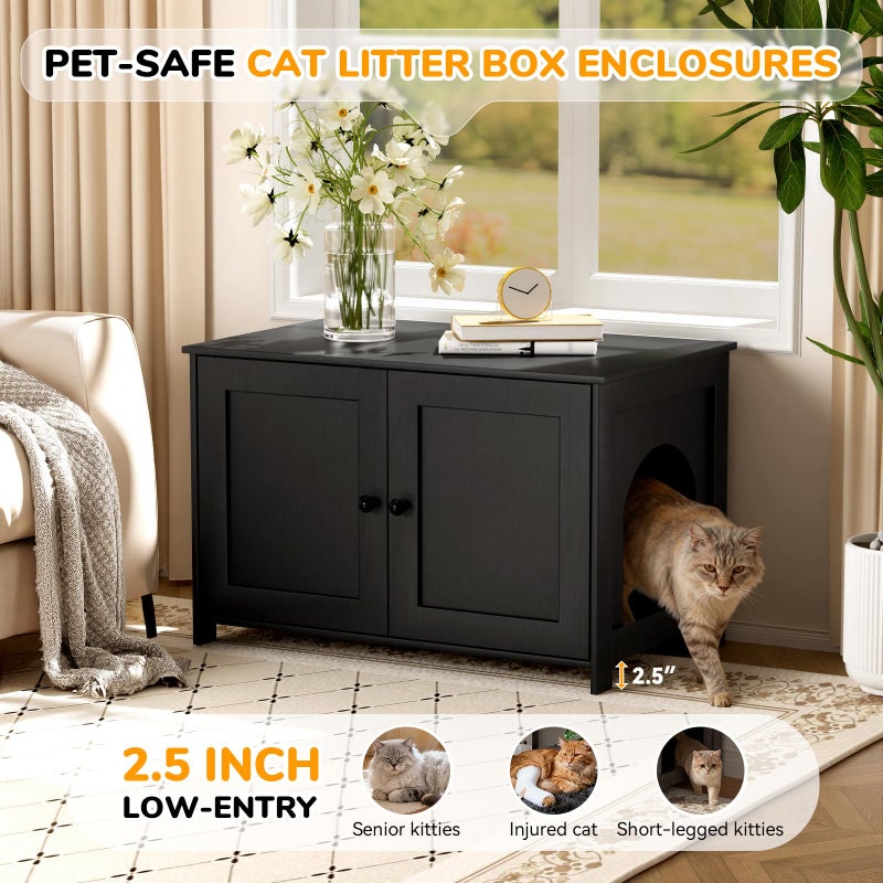 Fecuria Cat Litter Box Enclosure Furniture Dog Proof, Hidden Kitty Washroom Cabinet Low Entry, Wooden Cat Boxes Enclosure Odor Control for Home, Farmhouse Style Decorative TV Stand with Storage, Black - Image 5