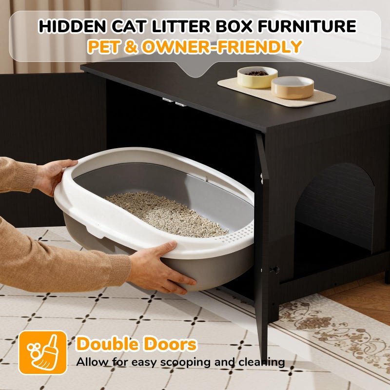 Fecuria Cat Litter Box Enclosure Furniture Dog Proof, Hidden Kitty Washroom Cabinet Low Entry, Wooden Cat Boxes Enclosure Odor Control for Home, Farmhouse Style Decorative TV Stand with Storage, Black - Image 4