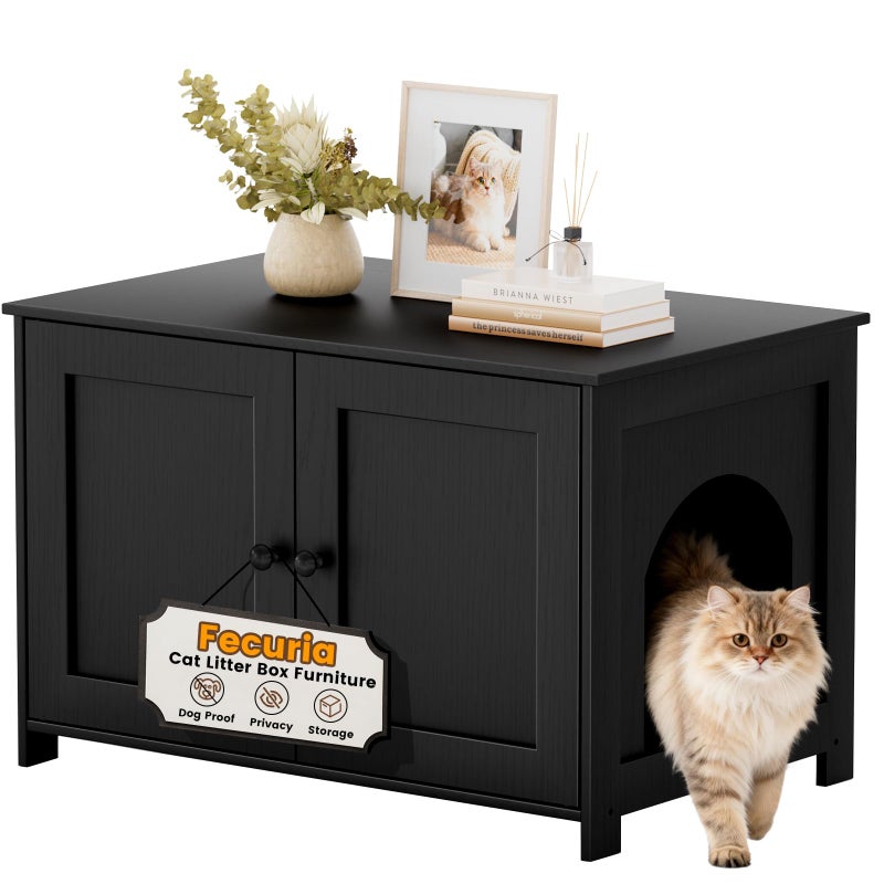 Fecuria Cat Litter Box Enclosure Furniture Dog Proof, Hidden Kitty Washroom Cabinet Low Entry, Wooden Cat Boxes Enclosure Odor Control for Home, Farmhouse Style Decorative TV Stand with Storage, Black - Image 1