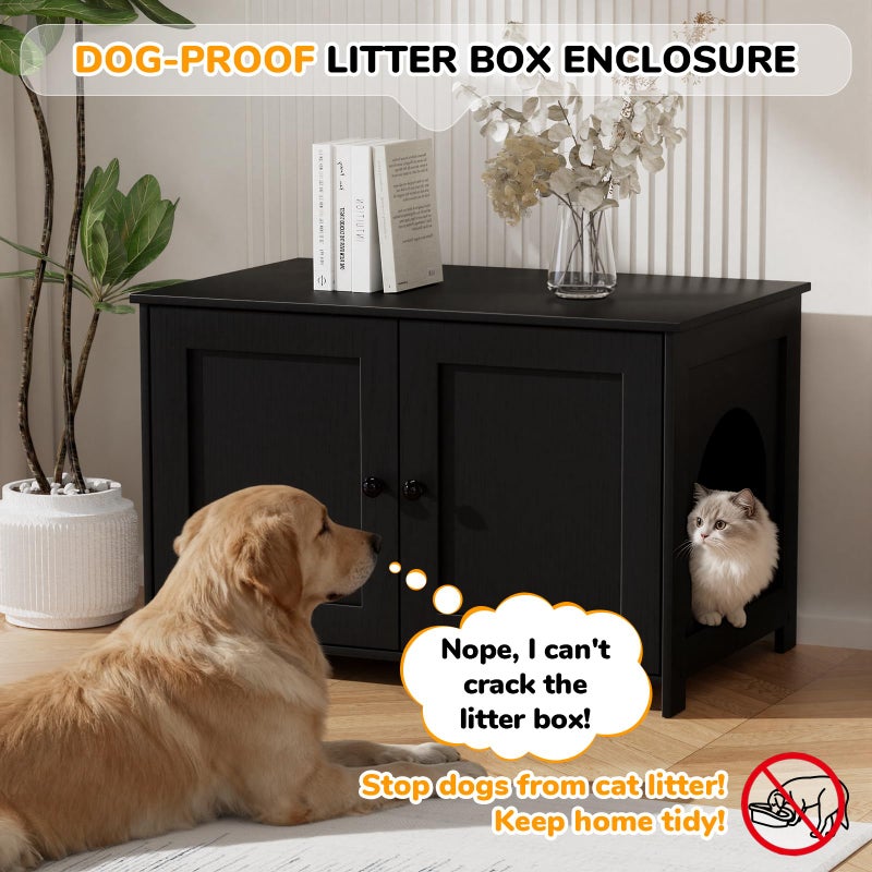 Fecuria Cat Litter Box Enclosure Furniture Dog Proof, Hidden Kitty Washroom Cabinet Low Entry, Wooden Cat Boxes Enclosure Odor Control for Home, Farmhouse Style Decorative TV Stand with Storage, Black - Image 2