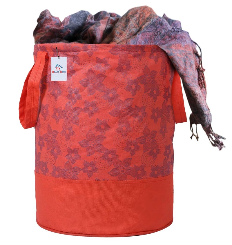 Kuber Industries Heart Home Metalic Flower Print Round Non Woven Fabric Foldable Laundry Organiser with Handles, 45 LTR (Set of 2, Red)-HEART12056, Standard - Image 3