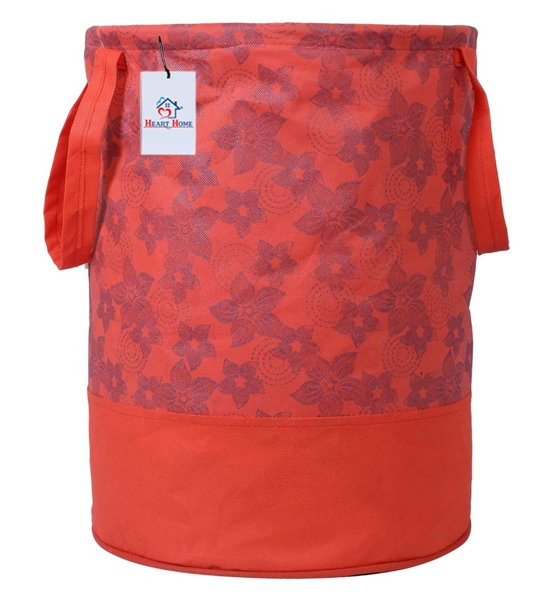Kuber Industries Heart Home Metalic Flower Print Round Non Woven Fabric Foldable Laundry Organiser with Handles, 45 LTR (Set of 2, Red)-HEART12056, Standard - Image 2