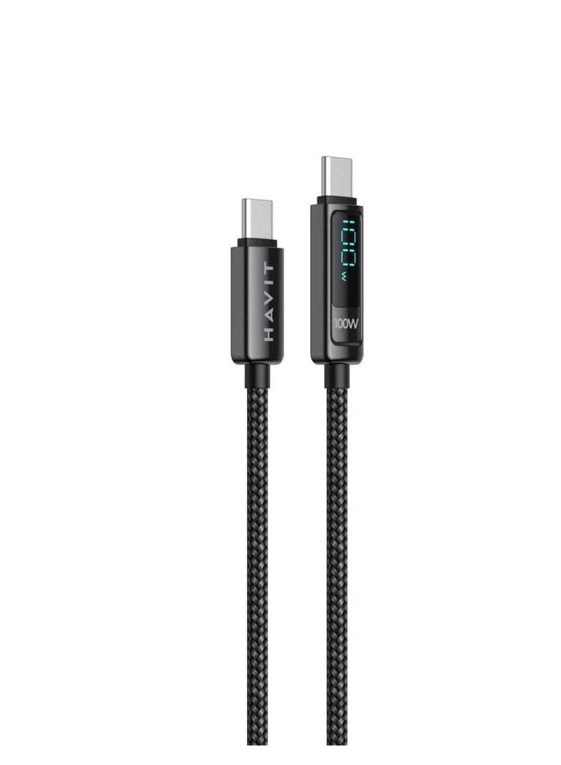 HAVIT 100W Fast Charging USB-C to USB-C Cable with LED Display – 1.2M Durable Nylon Braided - Image 1