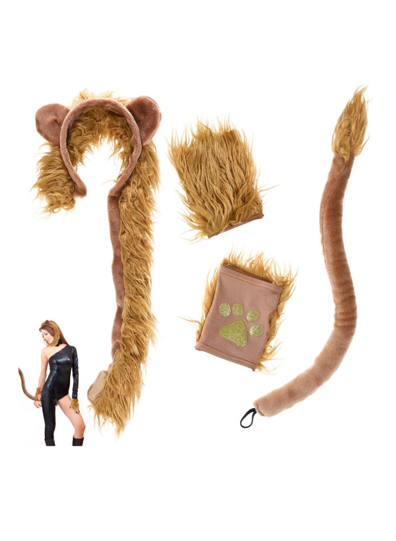 Excefore Lion Costume Set, Performance Lion Gloves, Hair Hoop, Fake Lion Tail, Halloween Accessories Props, Ears Headband, Fingerless Paws Gloves, Fancy Kit for Adults and Teens Cosplay Party (4 PCS) - Image 1