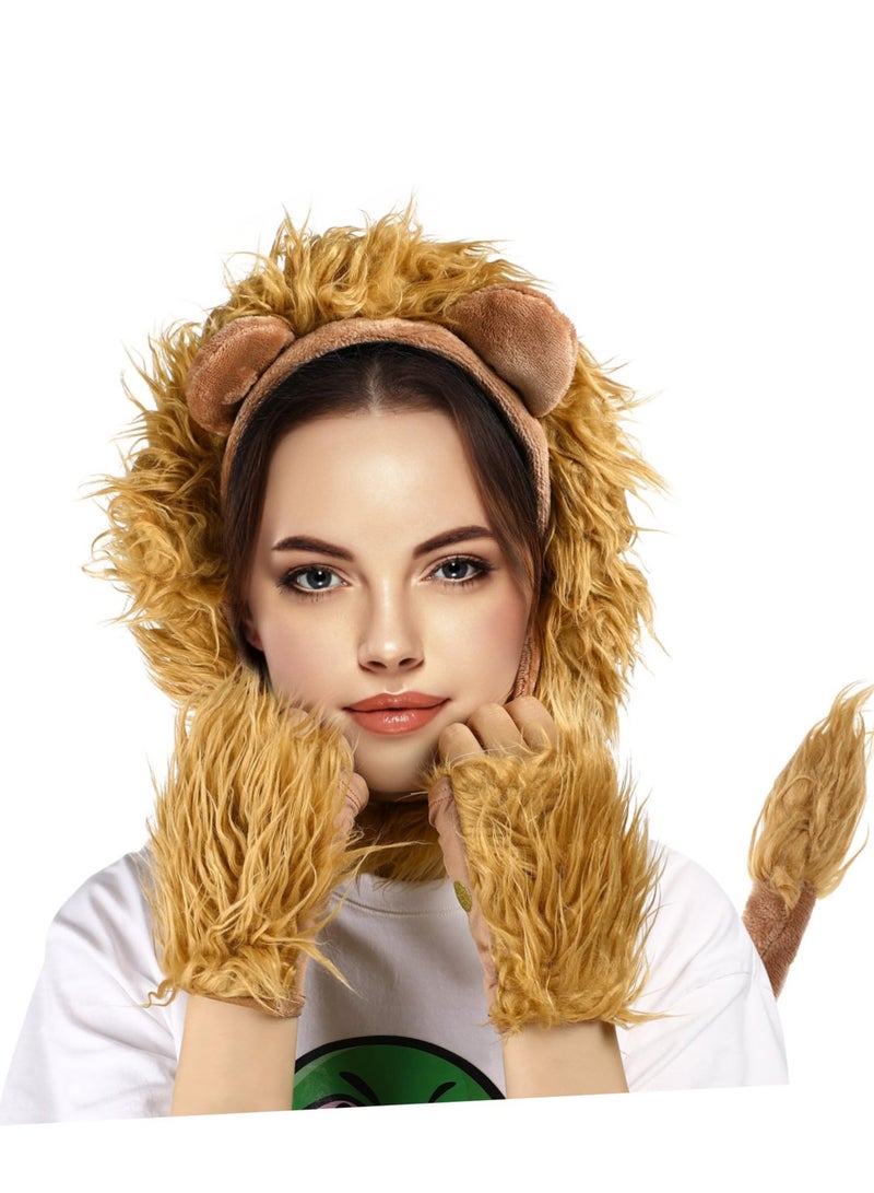 Excefore Lion Costume Set, Performance Lion Gloves, Hair Hoop, Fake Lion Tail, Halloween Accessories Props, Ears Headband, Fingerless Paws Gloves, Fancy Kit for Adults and Teens Cosplay Party (4 PCS) - Image 3