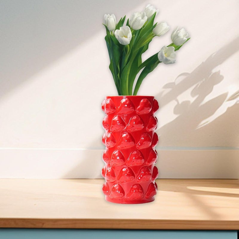 Flower Vase Porcelain Table Ornament Decorative Geometric Flowerpot Creative Centerpiece Suitable for Gift Giving Home Decoration Office Living Room B, Strawberry red - Image 5