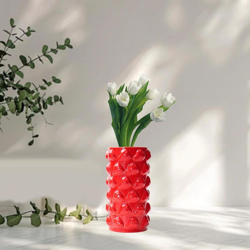 Flower Vase Porcelain Table Ornament Decorative Geometric Flowerpot Creative Centerpiece Suitable for Gift Giving Home Decoration Office Living Room B, Strawberry red - Image 4