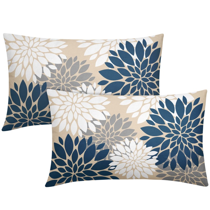 Smozenith Blue White Grey Gray Pillow Covers 12X20 Inch Set of 2  Summer Modern Dahlia Floral Print Decorative Rectangle Throw Pillow Covers Outdoor Farmhouse Cushion Case for Home Couch Sofa Bed Decor  - Image 1