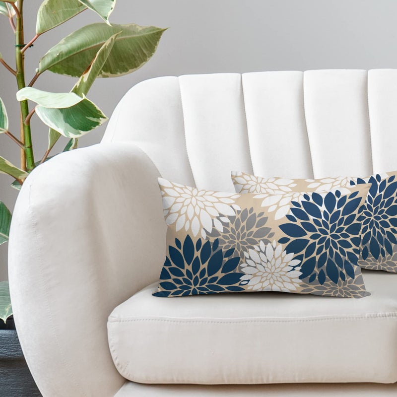 Smozenith Blue White Grey Gray Pillow Covers 12X20 Inch Set of 2  Summer Modern Dahlia Floral Print Decorative Rectangle Throw Pillow Covers Outdoor Farmhouse Cushion Case for Home Couch Sofa Bed Decor  - Image 2
