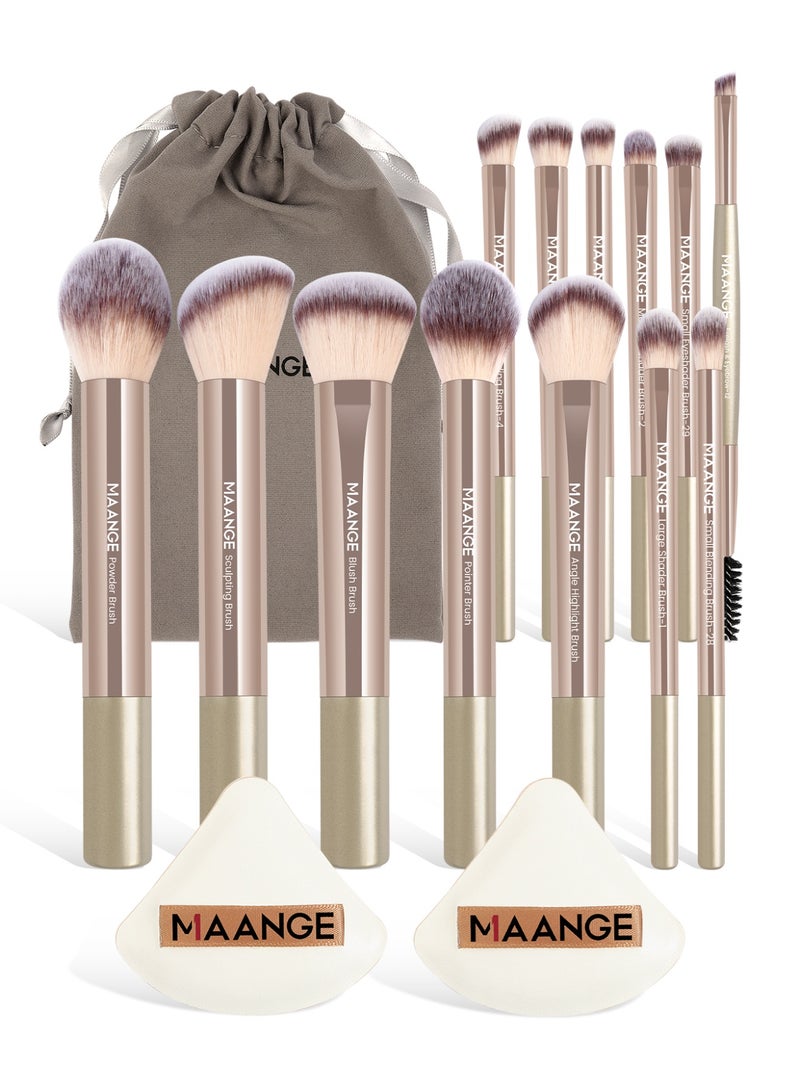 MAANGE مجموعة أدوات المكياج 16 قطعة، مجموعات فرش مكياج احترافية - تشمل فرشاة أحمر الخدود، فرشاة تحديد، فرشاة أساس، فرشاة خافي العيوب، فرشاة ظلال العيون، إسفنجة بودرة وحقائب قماشية (ذهبي) - Image 1