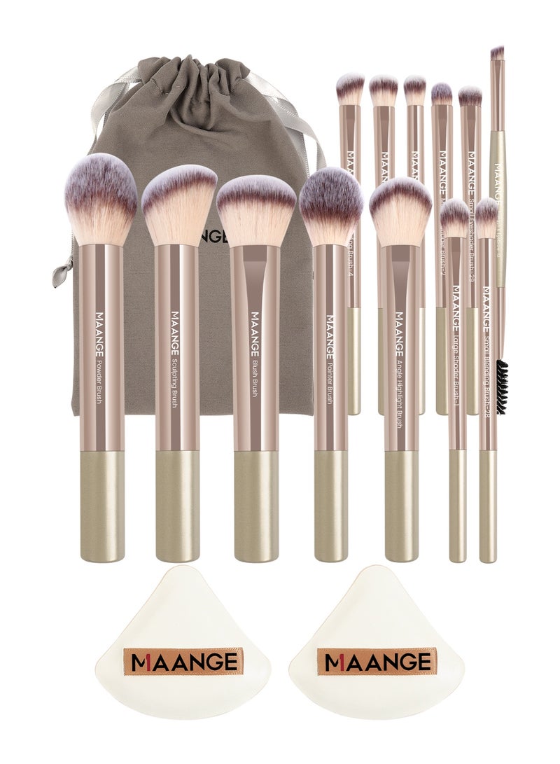 MAANGE مجموعة أدوات المكياج 16 قطعة، مجموعات فرش مكياج احترافية - تشمل فرشاة أحمر الخدود، فرشاة تحديد، فرشاة أساس، فرشاة خافي العيوب، فرشاة ظلال العيون، إسفنجة بودرة وحقائب قماشية (ذهبي) - Image 3