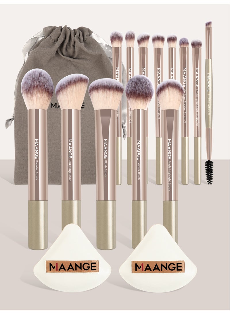 MAANGE مجموعة أدوات المكياج 16 قطعة، مجموعات فرش مكياج احترافية - تشمل فرشاة أحمر الخدود، فرشاة تحديد، فرشاة أساس، فرشاة خافي العيوب، فرشاة ظلال العيون، إسفنجة بودرة وحقائب قماشية (ذهبي) - Image 4