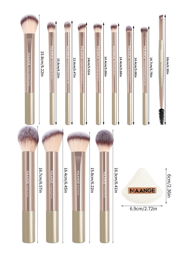 MAANGE مجموعة أدوات المكياج 16 قطعة، مجموعات فرش مكياج احترافية - تشمل فرشاة أحمر الخدود، فرشاة تحديد، فرشاة أساس، فرشاة خافي العيوب، فرشاة ظلال العيون، إسفنجة بودرة وحقائب قماشية (ذهبي) - Image 2