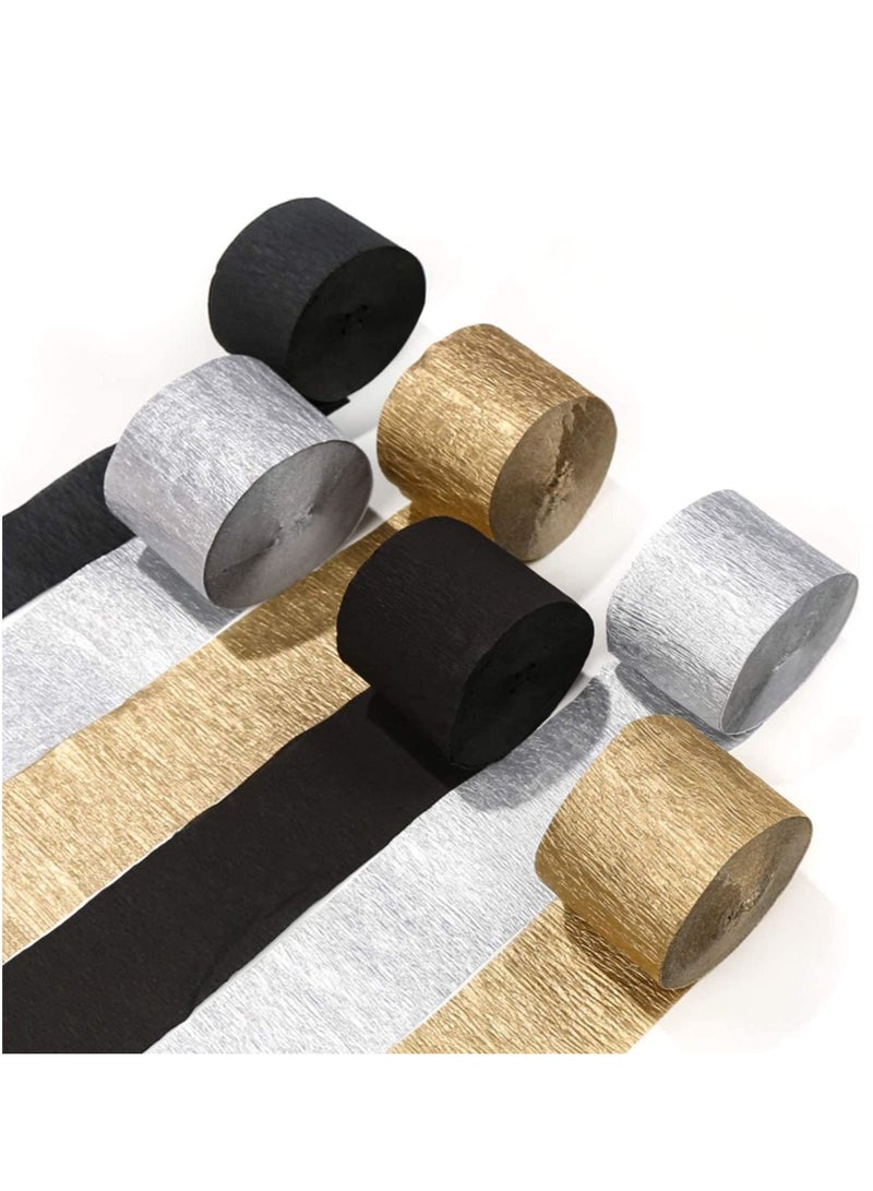 Excefore Crepe Paper Streamers, Gold Silver and Black Streamers Party Decorations, for Birthday Wedding(1.8 Inch x 82 Ft/Roll 6 Rolls) - Image 1