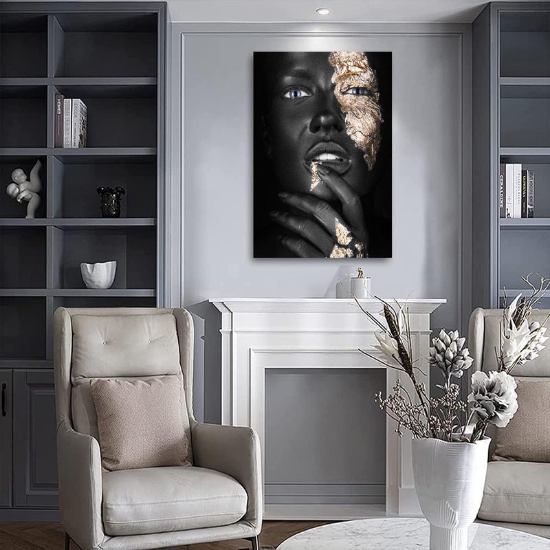 HYFBH African American Woman Canvas Wall Art, Black Gold Woman Wall Picture Black Girl Portrait Painting Modern Home Living Room Decor Framed 16”x24” - Image 5