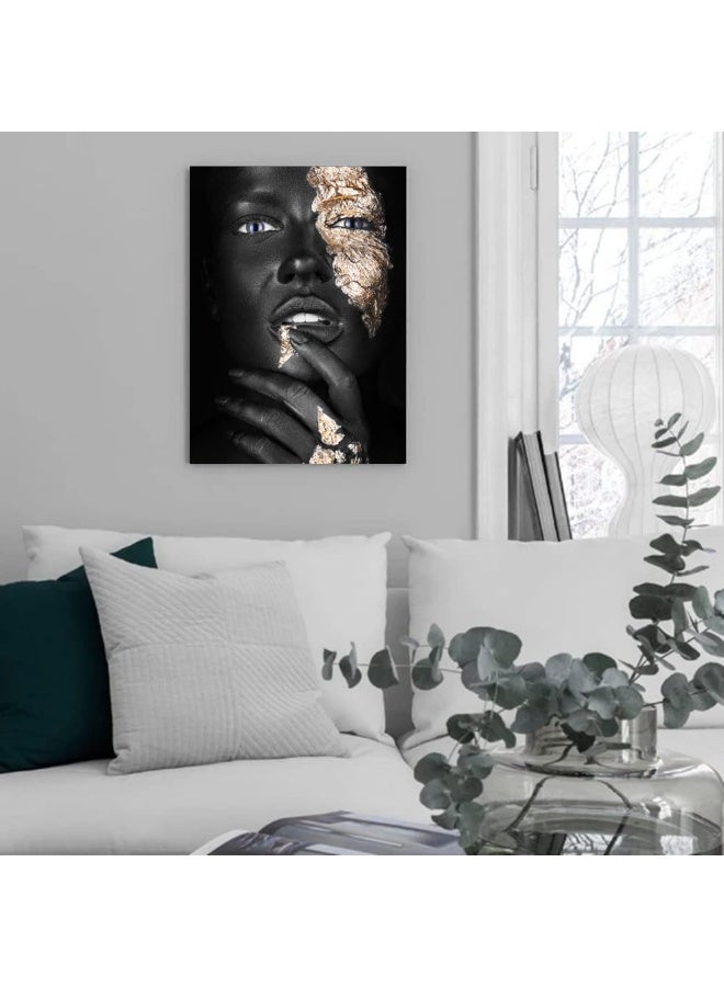 HYFBH African American Woman Canvas Wall Art, Black Gold Woman Wall Picture Black Girl Portrait Painting Modern Home Living Room Decor Framed 16”x24” - Image 2