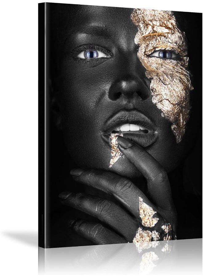 HYFBH African American Woman Canvas Wall Art, Black Gold Woman Wall Picture Black Girl Portrait Painting Modern Home Living Room Decor Framed 16”x24” - Image 1