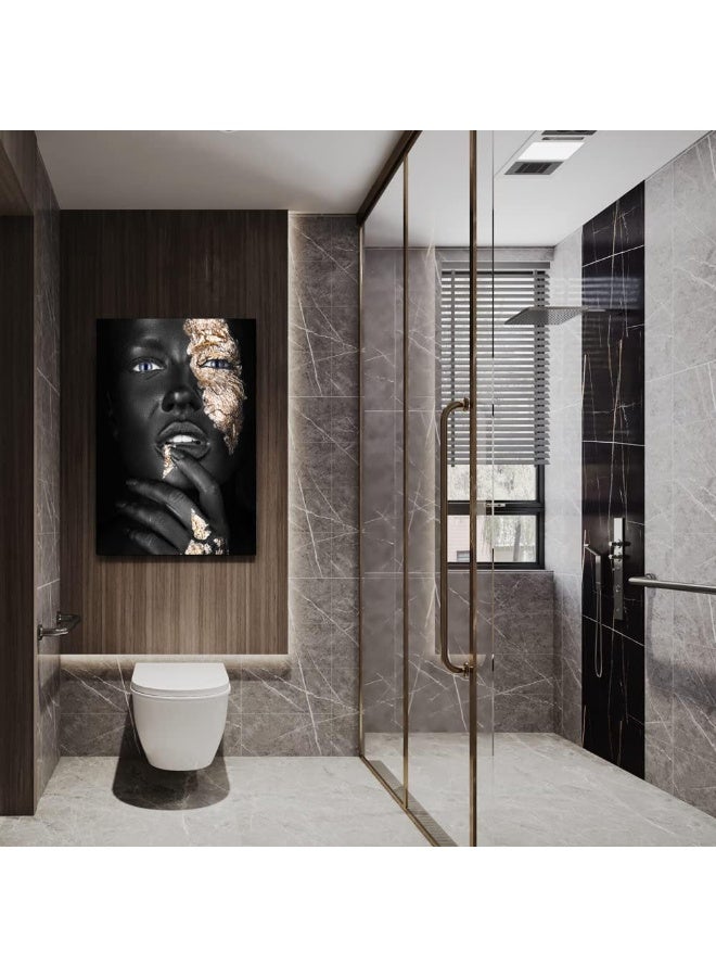 HYFBH African American Woman Canvas Wall Art, Black Gold Woman Wall Picture Black Girl Portrait Painting Modern Home Living Room Decor Framed 16”x24” - Image 3