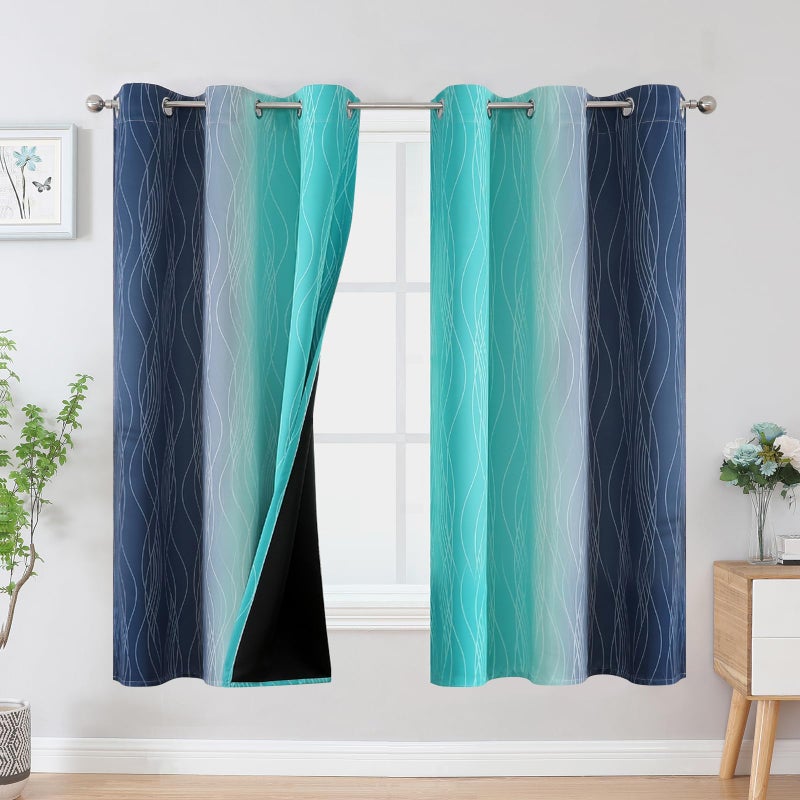 Estelar Textiler Teal and Navy Blue Blackout Curtains for Boys Bedroom  Full Room Darkening Grommet Ombre Curtains for Living Room  Thermal Insulated Light Blocking Gradient Drapes  42Wx63L  2 Panels - Image 1