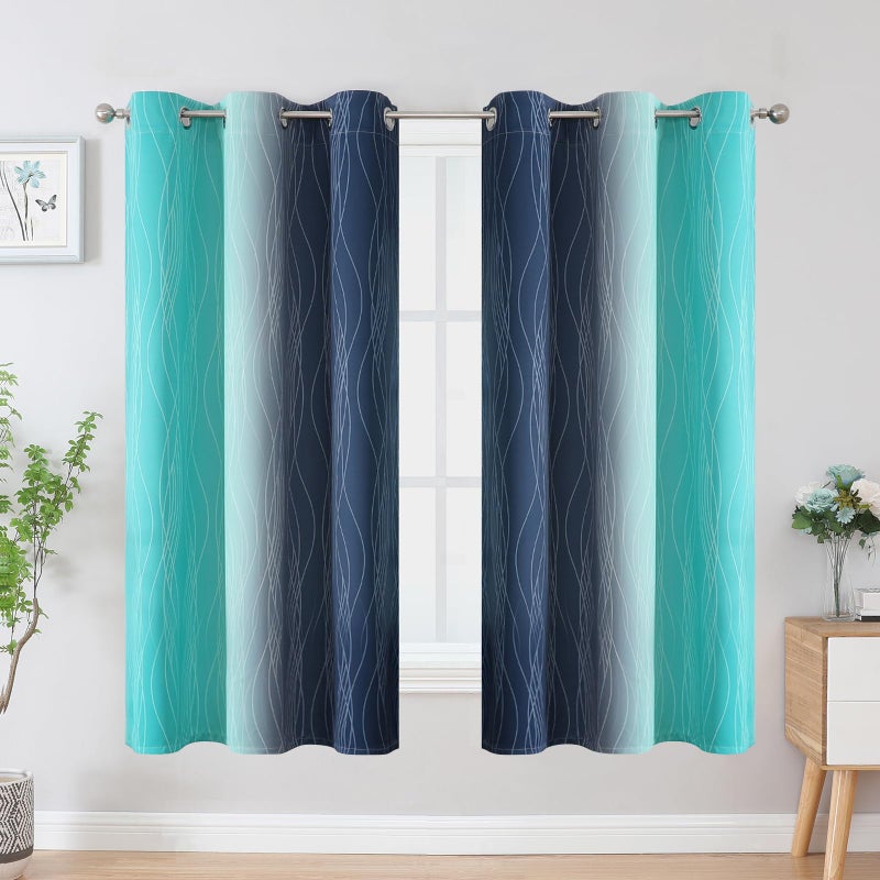 Estelar Textiler Teal and Navy Blue Blackout Curtains for Boys Bedroom  Full Room Darkening Grommet Ombre Curtains for Living Room  Thermal Insulated Light Blocking Gradient Drapes  42Wx63L  2 Panels - Image 2