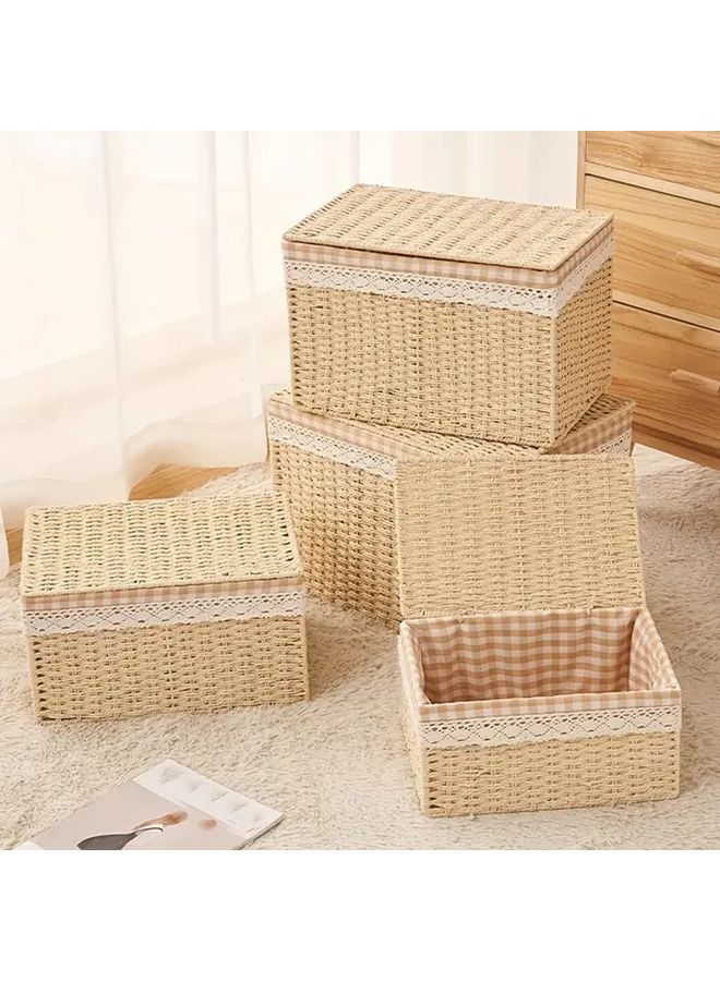 Beige Woven Storage Basket With Lid Plastic Rattan Style Organizer Bin For Home Office Shelf French Country Decor Durable - Image 1