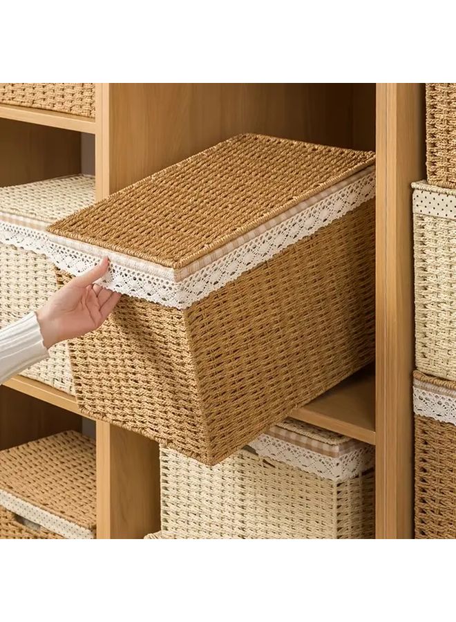 Beige Woven Storage Basket With Lid Plastic Rattan Style Organizer Bin For Home Office Shelf French Country Decor Durable - Image 2