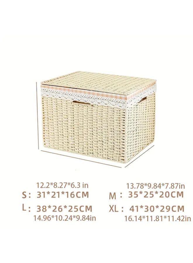 Beige Woven Storage Basket With Lid Plastic Rattan Style Organizer Bin For Home Office Shelf French Country Decor Durable - Image 4