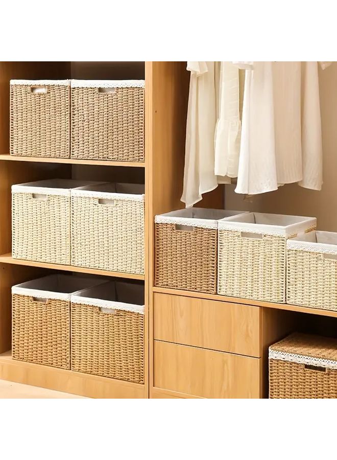 Beige Woven Storage Basket With Lid Plastic Rattan Style Organizer Bin For Home Office Shelf French Country Decor Durable - Image 5