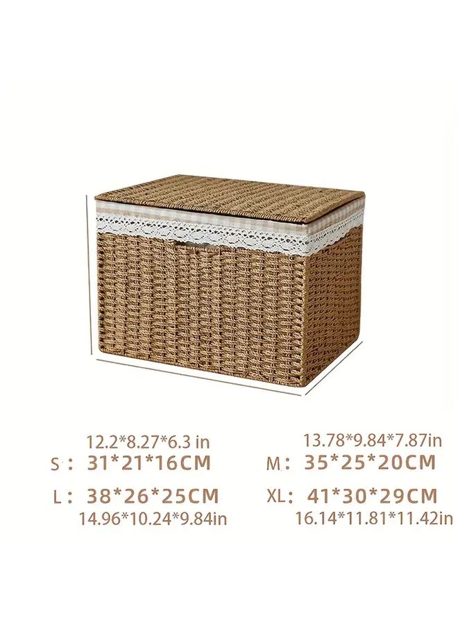 Beige Woven Storage Basket With Lid Plastic Rattan Style Organizer Bin For Home Office Shelf French Country Decor Durable - Image 3
