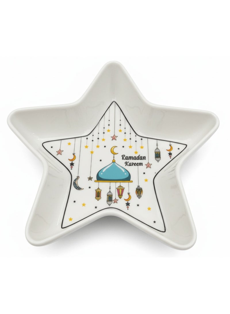أي كي دي سي وعاء تقديم سيراميك أبيض على شكل نجمة من مجموعة رمضان من AKDC - أدوات مائدة إسلامية مزخرفة، 20 سم - Image 1