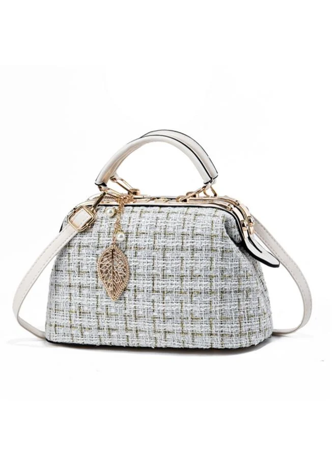 Take Two Beige Tweed Shoulder Bag with Leaf Charm