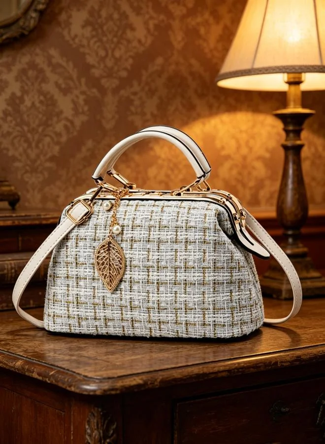 Take Two Beige Tweed Shoulder Bag with Leaf Charm
