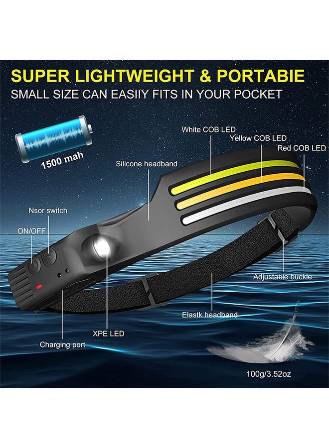 مصباح أمامي LED قابل لإعادة الشحن ، 3 ليد 1200 لومن COB 230 درجة مصباح أمامي شعاع عريض مع مستشعر حركة ساطع 10 أوضاع مصباح رأس مقاوم للماء خفيف الوزن للتخييم والجري والمشي لمسافات طويلة وصيد الأسماك - Image 2