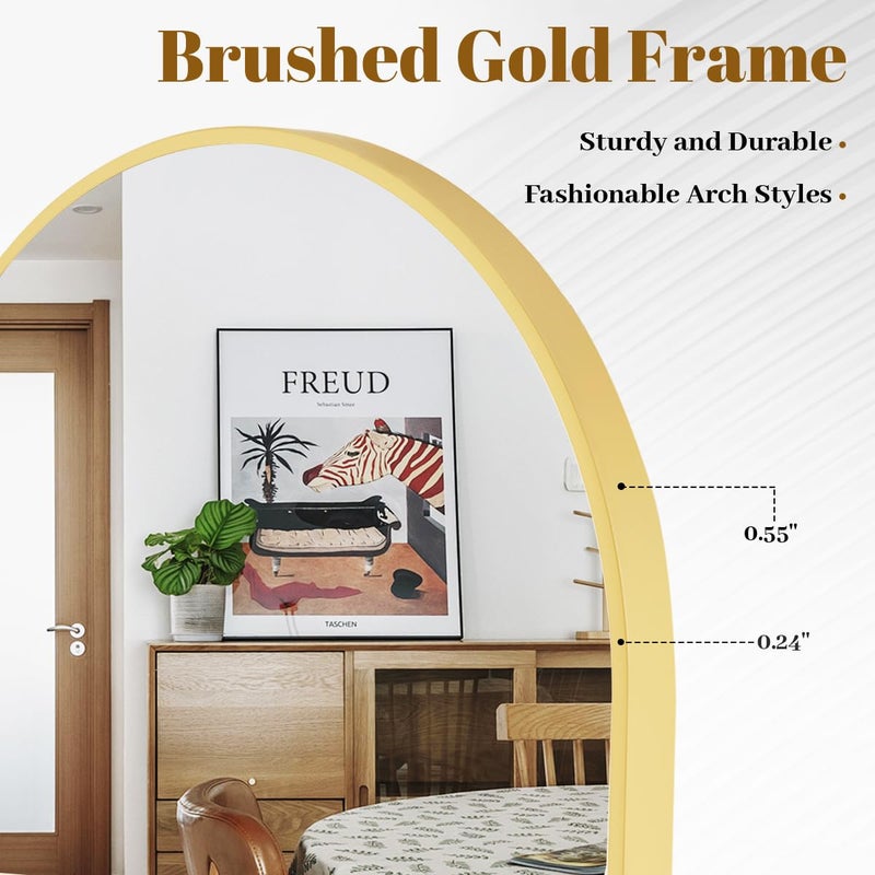 VooBang Arched Wall Mirror, 24 x 36 inch Arch Bathroom Mirror, Wall Mounted Vanity Mirror with Arch Metal Frame, Modern Bathroom Vanity Mirror for Bedroom, Living Room, Hanging or Leaning, Gold - Image 4