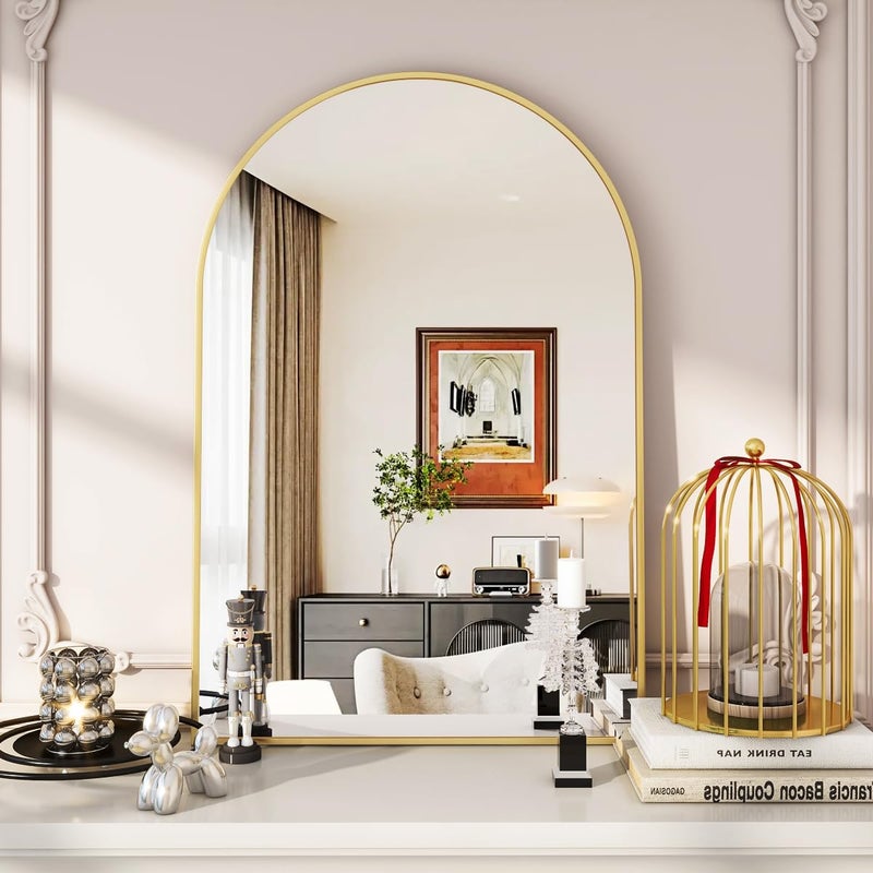 VooBang Arched Wall Mirror, 24 x 36 inch Arch Bathroom Mirror, Wall Mounted Vanity Mirror with Arch Metal Frame, Modern Bathroom Vanity Mirror for Bedroom, Living Room, Hanging or Leaning, Gold - Image 2